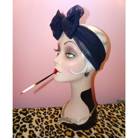 Vintage Dark Navy Blue Sheer Nylon Neck Scarf pinup retro rockabilly head wrap - Picture 7 of 15